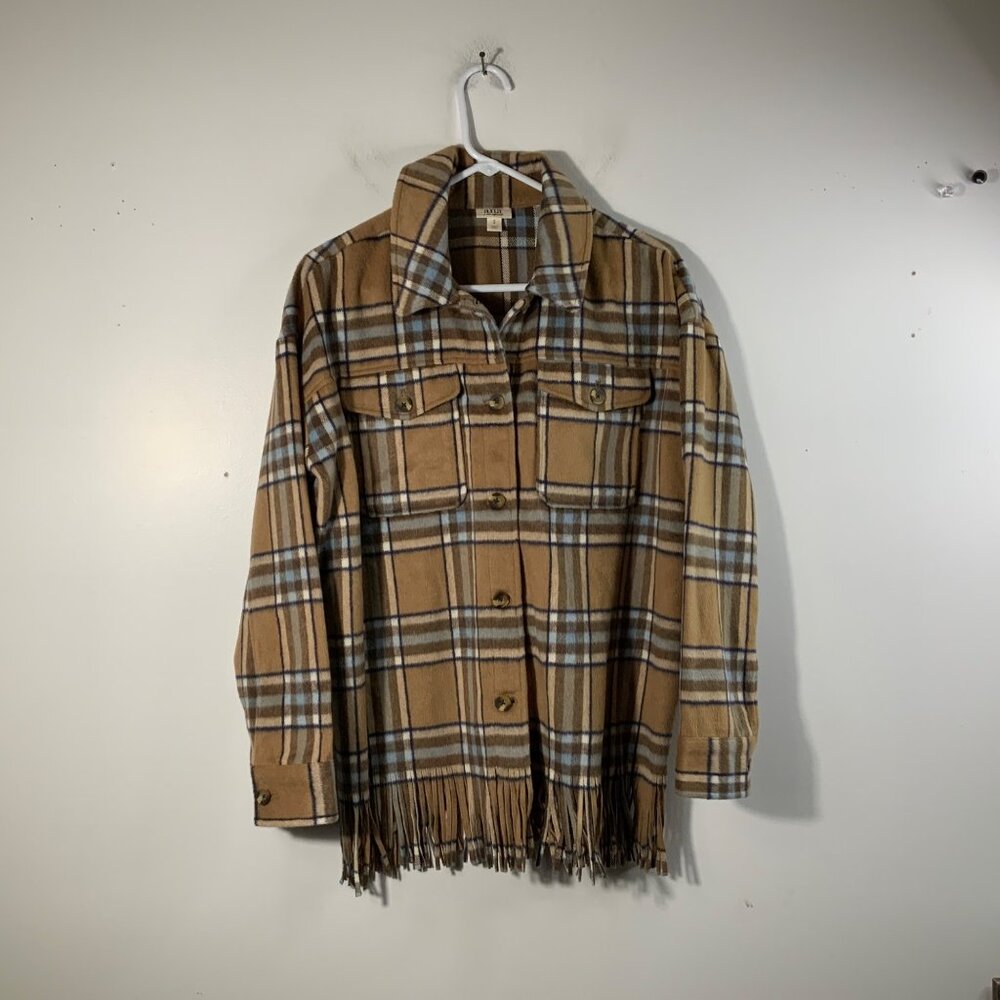 Womens Ana Plaid Fleece Wool Blend Shacket Fringe Hem Brown Black S‎